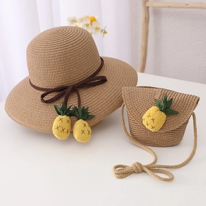 Chapeau De Soleil En Paille Et Sac À Bandoulière Enfants Décor Ananas Paille De Papier Nœud Style Parent-Enfant Filles