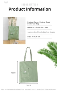 Detailed size guide for the double-sided linen tote bag showing 41x36cm dimensions
