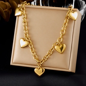 Heart Pendant Necklace Stainless Steel Gold Plated Chunky Cable Chain Multi Heart Charms Fashion Jewelry For Women