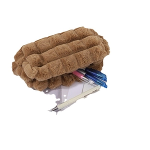 Brown plush checkered pencil case with high capacity and soft textured embroidery