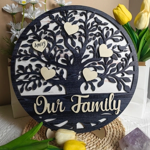 Customized family tree wooden plaque with Our Family text and heart-shaped name tags