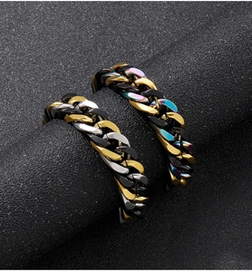 Macro detail of multi-colored titanium steel cuban chain link bracelet with polished finish