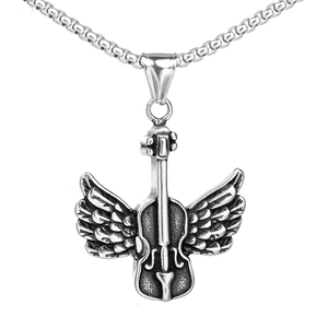 Violin Wings Pendant Necklace Stainless Steel Punk Hip Hop Jewelry Vintage Retro Accessory For Men Women