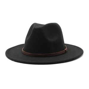 Close-up of black wool fedora hat with a thin dark brown woven decorative band