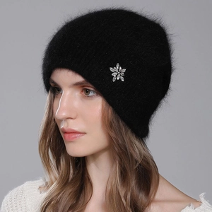 Winter angora rabbit hair knit beanie for women with elegant rhinestone flower decoration