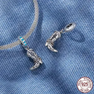 S925 sterling silver cowboy boot charm with turquoise accents and retro texture