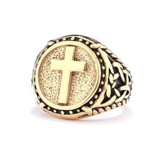 Vintage stainless steel cross ring with gold finish and celtic knot patterns
