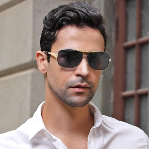Men's retro square aviator sunglasses with gold metal frame and dark grey lenses