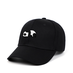 Black baseball cap with panda embroidery, 45-degree view of twill cotton sports hat