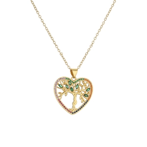 Golden heart necklace featuring a tree of life pendant with colorful zircon gemstones