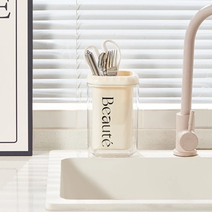 Creamy white double-layer cutlery organizer with drainage for kitchen utensils