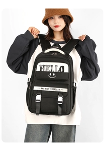 Front view of large capacity black student backpack with buckle straps and HELLO text