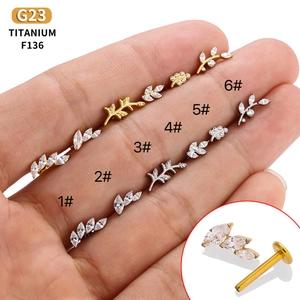 Labret En Titane G23 Filetage Interne Marquise Zircon Branche D'olivier Feuille Boucle D'oreille Cartilage Bijoux De Piercing