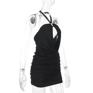Detail view of the black halter neck bodycon dress featuring elegant draped front and ruched sides