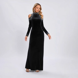 Elegant Black Velvet Evening Dress Cold Shoulder Artificial Pearl Rhinestone Embellished Long Sleeve Bodycon Fishtail Gown Women