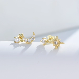 Asymmetric S925 sterling silver moon and star stud earrings with zircon in gold finish