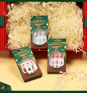 Detailed Christmas themed press-on nails set with snowman and reindeer patterns in gift box