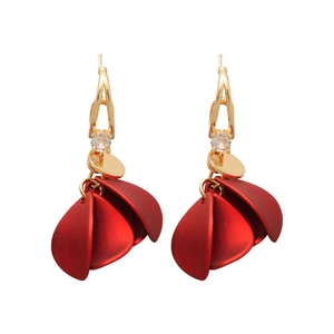 Elegant red acrylic petal tassel earrings with zircon studs in golden setting