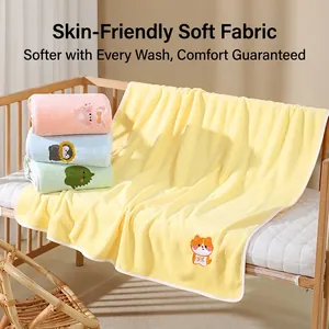 Soft coral fleece baby bath towels with cartoon embroidery in multiple colors