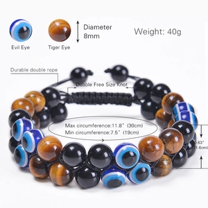 Bracelet œil de tigre et œil maléfique 8mm avec cordon tressé double couche