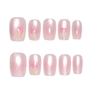 Faux ongles œil de chat rose nacré avec motifs tulipes peints à la main pour l'été