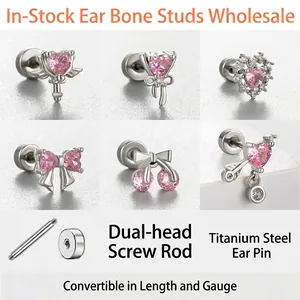 Pink Zirconia Heart Bow Cherry Stainless Steel Stud Earrings For Women With Screw Back Cartilage Piercing