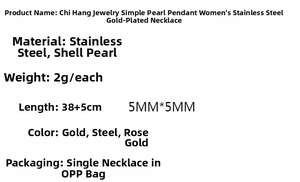 Specifications of pearl pendant necklace showing stainless steel material and 38+5cm size