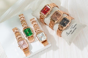 Detailed display of six elegant square dial watches with metallic bands and diamond markers