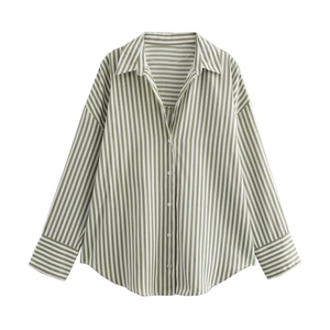 Detailed close-up of green and white vertical striped poplin shirt with classic collar