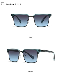 Detail view of square sunglasses featuring blue gradient lenses and transparent frames