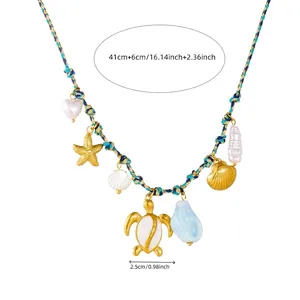 Braided rope chain necklace with starfish and turtle pendants and adjustable extension