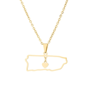 Golden Puerto Rico map pendant necklace with hollow heart detail on fine link chain