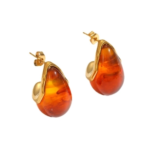 Amber teardrop resin earrings with gold stainless steel hooks and gradient finish