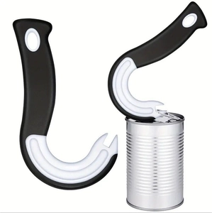 Manual ergonomic J-shaped can opener for easy-pull rings with black and white handle