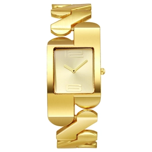 Classic gold square quartz watch for women with luxury chain strap on white background