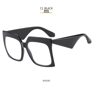 Side view of oversized butterfly glasses with wide geometric black glossy frames