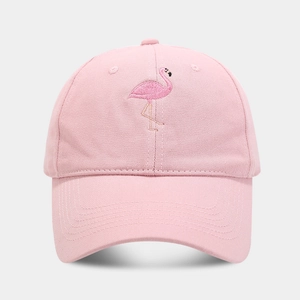 Pink cotton baseball cap with flamingo embroidery and adjustable curved brim for all seasons