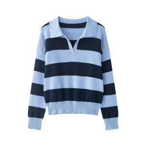 Detail view of the ribbed cuffs and blue striped knit fabric of the polo sweater