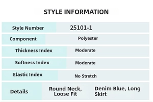 Size chart and fabric details for the denim blue short sleeve polyester midi dress