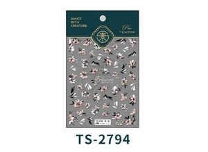 Macro detail of 3D embossed flower nail stickers with pink and black floral patterns