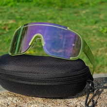 Outdoor sports cycling glasses with green frames and purple lenses on a zipper case