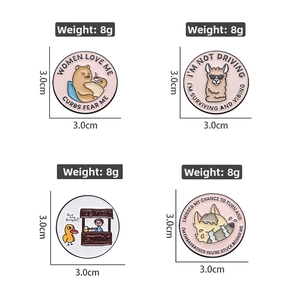 Detail view of 3.0cm round enamel pins showing 8g weight and funny animal graphic designs