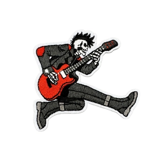 Embroidered punk skull guitarist patch in red and black for rock style jackets