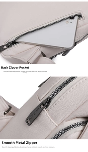 Détail d'un sac en cuir grainé beige clair avec poche arrière zippée antivol sécurisée