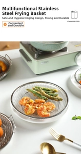 Detail of stainless steel wire mesh tray with fried shrimp on kitchen countertop