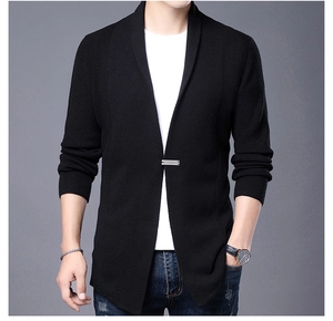 Detailed texture of black knitted blazer cardigan with metal button and tailored fit