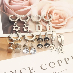 Set of 7 pairs of men's stainless steel earrings with zircon and punk rock pendants