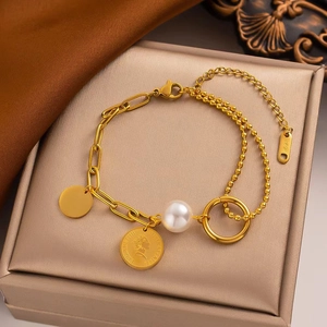 18K gold plated chain bracelet with Elizabeth coin pendant and elegant pearl accent