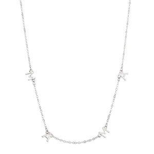 Close-up of S925 silver MAMA necklace featuring sparkling cubic zirconia letter pendants