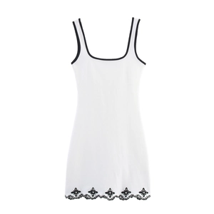 Slim Fit Mini Dress With Floral Embroidery Artificial Pearl Accents Contrast Trim Sleeveless Cotton Blend Bodycon Women